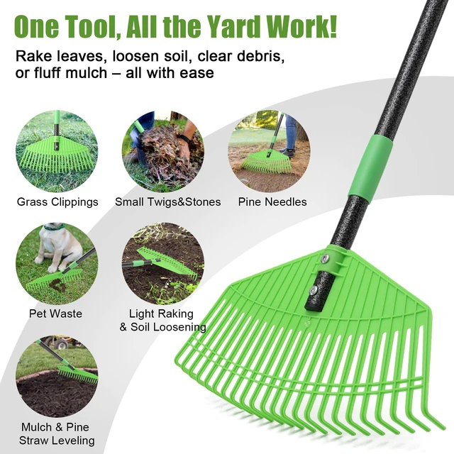 Alt view image 5 of 7 - Lightweight Plastic Leaf Rake for Lawns - 16.5'' Wide Garden Rake for Leaves,Gentle on Lawn,50'' Adjustable for Women Seniors Kids,Outdoor Yard Rakes for Sweep Leaves,Grass, Pine Needle