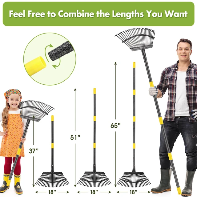 Alt view image 3 of 7 - Rake for Leaves, Heavy Duty Leaf Rakes for Lawns & Yard - 65 Adjustable Long Handle 18 Width 25 Metal Tines - Gardening Rake for Adults Kids for Shrub,Grass,Mulch