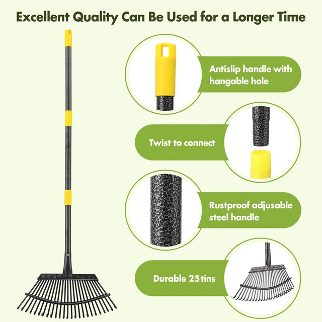 Alt view image 5 of 7 - Rake for Leaves, Heavy Duty Leaf Rakes for Lawns & Yard - 65 Adjustable Long Handle 18 Width 25 Metal Tines - Gardening Rake for Adults Kids for Shrub,Grass,Mulch