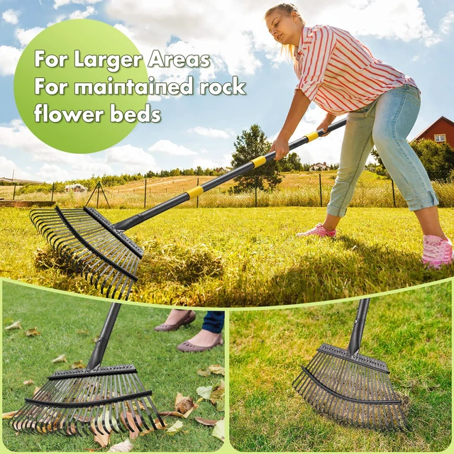 Alt view image 4 of 7 - Rake for Leaves, Heavy Duty Leaf Rakes for Lawns & Yard - 65 Adjustable Long Handle 18 Width 25 Metal Tines - Gardening Rake for Adults Kids for Shrub,Grass,Mulch