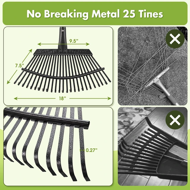 Alt view image 6 of 7 - Rake for Leaves, Heavy Duty Leaf Rakes for Lawns & Yard - 65 Adjustable Long Handle 18 Width 25 Metal Tines - Gardening Rake for Adults Kids for Shrub,Grass,Mulch