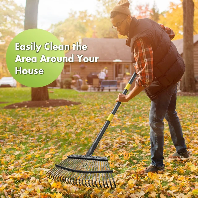 Alt view image 7 of 7 - Rake for Leaves, Heavy Duty Leaf Rakes for Lawns & Yard - 65 Adjustable Long Handle 18 Width 25 Metal Tines - Gardening Rake for Adults Kids for Shrub,Grass,Mulch