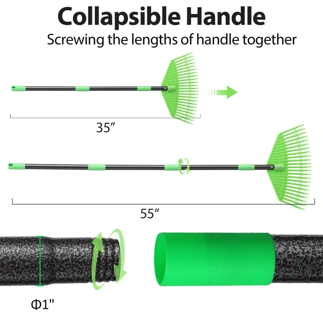 Alt view image 4 of 7 - Plastic Rake for Leaves, 23 Tines 16" Wide Plastic Lawn Gravel Shrub Leaf Rake for Leaves and Grass, Thatch Garden Rakes for Yard Heavy Duty Long Handle 35-55"