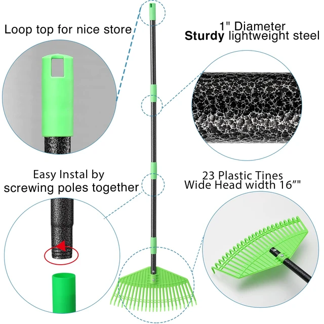 Alt view image 6 of 7 - Plastic Rake for Leaves, 23 Tines 16" Wide Plastic Lawn Gravel Shrub Leaf Rake for Leaves and Grass, Thatch Garden Rakes for Yard Heavy Duty Long Handle 35-55"