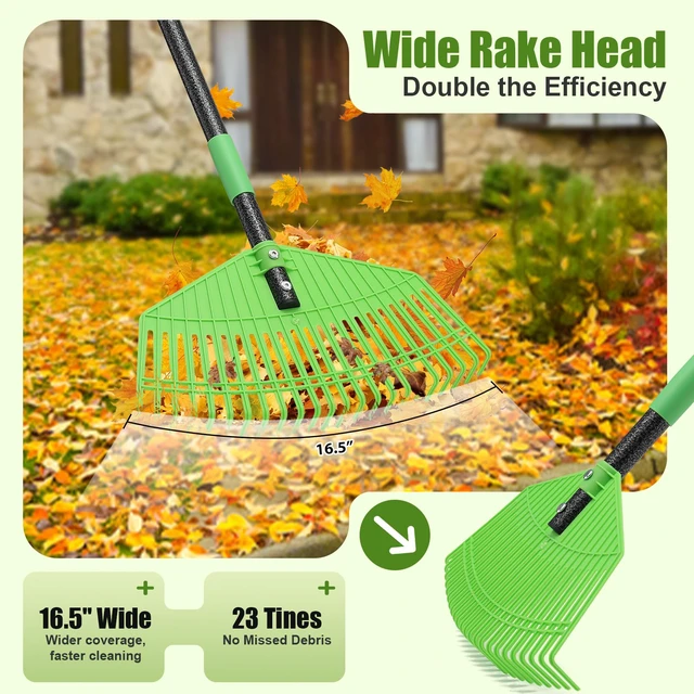 Alt view image 2 of 7 - Plastic Leaf Rake with Adjustable 65'' Handle - Lightweight Outdoor Yard Rakes for Leaves,Grass & Pine Needle,Mulch,Gentle On Lawn Garden - Easy to Use for Women,Seniors & Kids