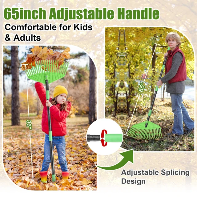 Alt view image 5 of 7 - Plastic Leaf Rake with Adjustable 65'' Handle - Lightweight Outdoor Yard Rakes for Leaves,Grass & Pine Needle,Mulch,Gentle On Lawn Garden - Easy to Use for Women,Seniors & Kids