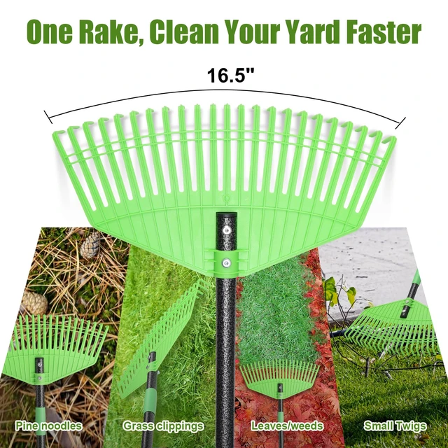 Alt view image 7 of 7 - Plastic Leaf Rake with Adjustable 65'' Handle - Lightweight Outdoor Yard Rakes for Leaves,Grass & Pine Needle,Mulch,Gentle On Lawn Garden - Easy to Use for Women,Seniors & Kids