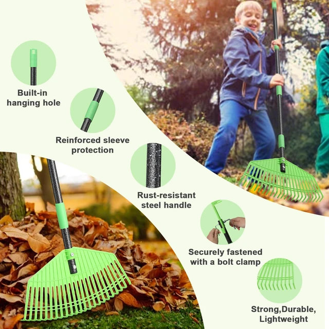 Alt view image 6 of 7 - Plastic Leaf Rake with Adjustable 65'' Handle - Lightweight Outdoor Yard Rakes for Leaves,Grass & Pine Needle,Mulch,Gentle On Lawn Garden - Easy to Use for Women,Seniors & Kids