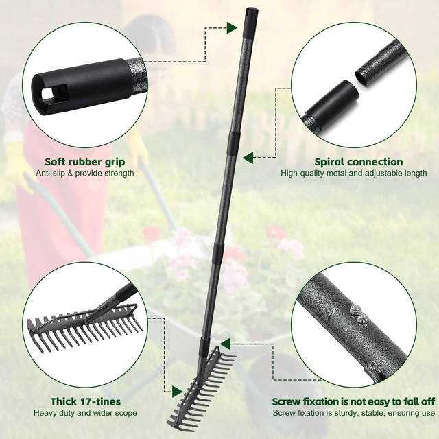 Alt view image 3 of 7 - 63'' Bow Rake 17 Tines Metal Head Rakes with Stainless Steel HandleHeavy Duty Garden Rake for Loosening Soil Gathering Leaf Leveling Lawn Farming Land Management Yarn Thatch Rake