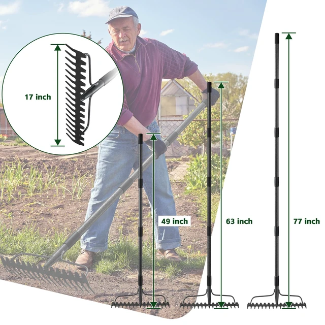 Alt view image 4 of 7 - 63'' Bow Rake 17 Tines Metal Head Rakes with Stainless Steel HandleHeavy Duty Garden Rake for Loosening Soil Gathering Leaf Leveling Lawn Farming Land Management Yarn Thatch Rake