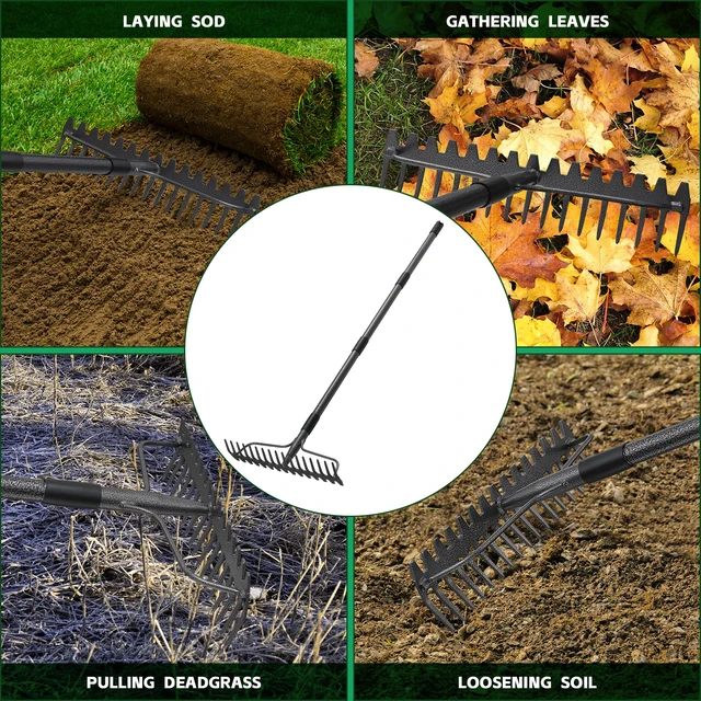 Alt view image 6 of 7 - 63'' Bow Rake 17 Tines Metal Head Rakes with Stainless Steel HandleHeavy Duty Garden Rake for Loosening Soil Gathering Leaf Leveling Lawn Farming Land Management Yarn Thatch Rake