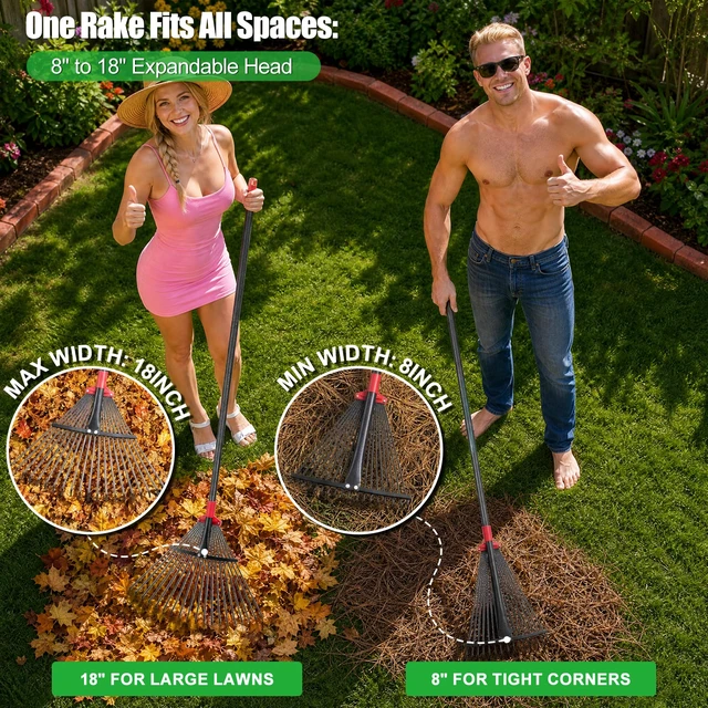 Alt view image 3 of 7 - 76Inch Adjustable Metal Leaf Rake, 18 Metal Tines Heavy Duty Leaves Rake for Lawns with 8-18" Expandable Head Long Handle Garden Rakes for Leaves Yard Gardening Grass Outdoor Camping Debris