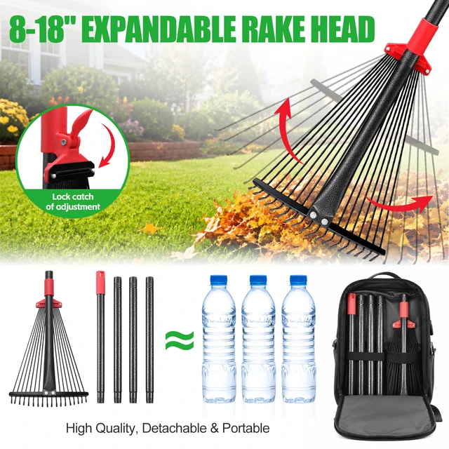 Alt view image 4 of 7 - 76Inch Adjustable Metal Leaf Rake, 18 Metal Tines Heavy Duty Leaves Rake for Lawns with 8-18" Expandable Head Long Handle Garden Rakes for Leaves Yard Gardening Grass Outdoor Camping Debris