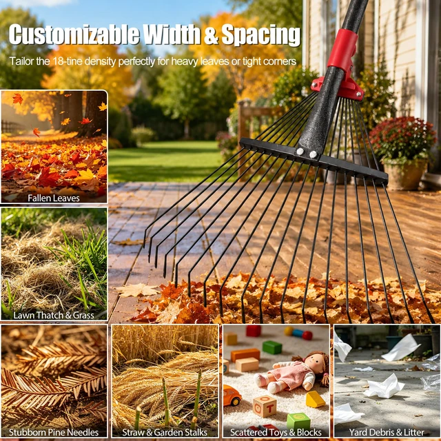 Alt view image 5 of 7 - 76Inch Adjustable Metal Leaf Rake, 18 Metal Tines Heavy Duty Leaves Rake for Lawns with 8-18" Expandable Head Long Handle Garden Rakes for Leaves Yard Gardening Grass Outdoor Camping Debris