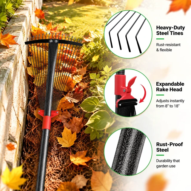Alt view image 6 of 7 - 76Inch Adjustable Metal Leaf Rake, 18 Metal Tines Heavy Duty Leaves Rake for Lawns with 8-18" Expandable Head Long Handle Garden Rakes for Leaves Yard Gardening Grass Outdoor Camping Debris
