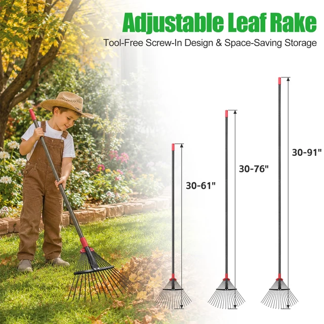 Alt view image 7 of 7 - 76Inch Adjustable Metal Leaf Rake, 18 Metal Tines Heavy Duty Leaves Rake for Lawns with 8-18" Expandable Head Long Handle Garden Rakes for Leaves Yard Gardening Grass Outdoor Camping Debris