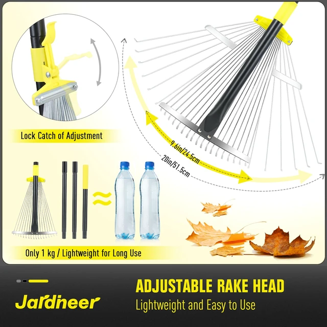 Alt view image 2 of 7 - Adjustable Leaf Rake, Expandable Lightweight Metal Yard Rakes | 59" long handle, Collapsible for easy storage, Ideal for tight spaces, flower beds, leaves, pine needles, yard and camping