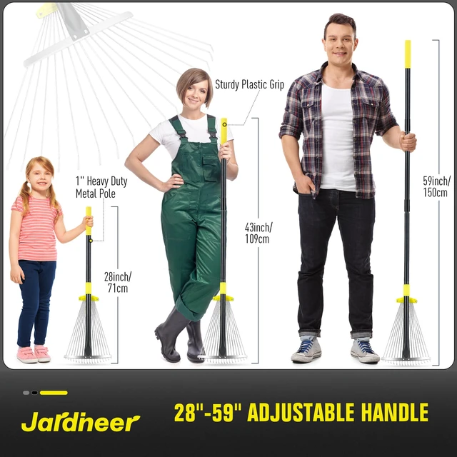 Alt view image 3 of 7 - Adjustable Leaf Rake, Expandable Lightweight Metal Yard Rakes | 59" long handle, Collapsible for easy storage, Ideal for tight spaces, flower beds, leaves, pine needles, yard and camping