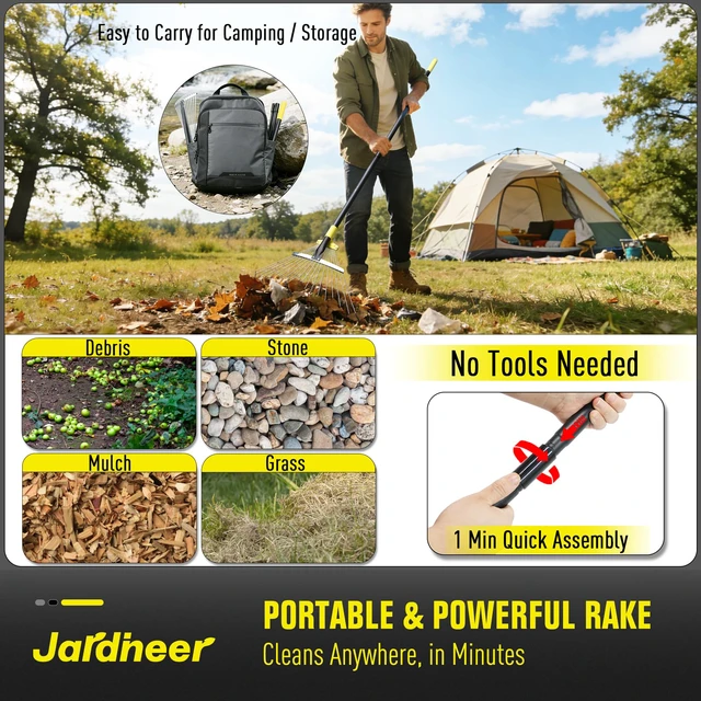 Alt view image 4 of 7 - Adjustable Leaf Rake, Expandable Lightweight Metal Yard Rakes | 59" long handle, Collapsible for easy storage, Ideal for tight spaces, flower beds, leaves, pine needles, yard and camping