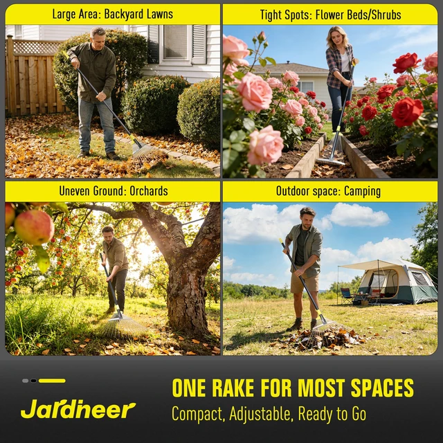 Alt view image 7 of 7 - Adjustable Leaf Rake, Expandable Lightweight Metal Yard Rakes | 59" long handle, Collapsible for easy storage, Ideal for tight spaces, flower beds, leaves, pine needles, yard and camping