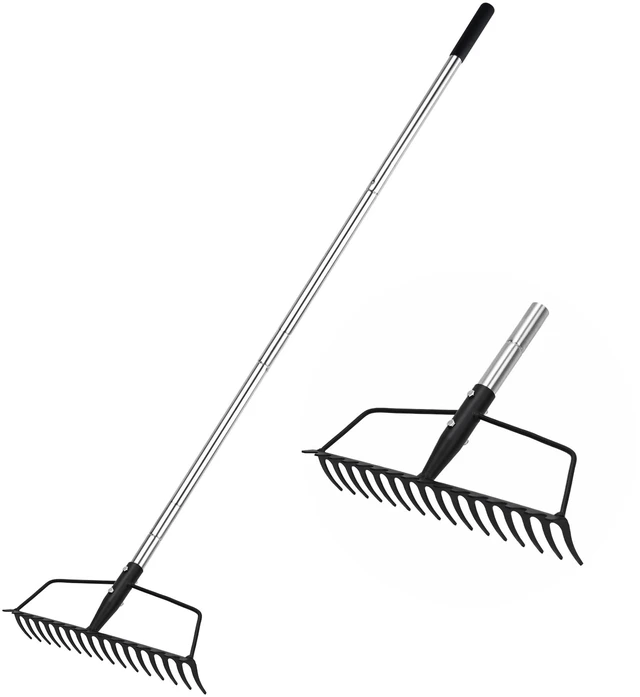 Main image of Garden Rake, Heavy Duty 16-Tine Bow Rake, Metal | Adjustable Stainless Steel Handle, For Yard Work, Loosening Soil, Leveling Mulch, Gathering Leaves