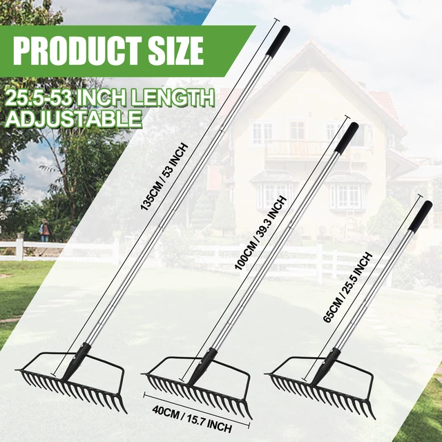 Alt view image 2 of 7 - Garden Rake, Heavy Duty 16-Tine Bow Rake, Metal | Adjustable Stainless Steel Handle, For Yard Work, Loosening Soil, Leveling Mulch, Gathering Leaves