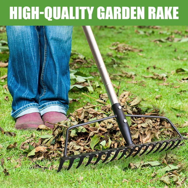 Alt view image 5 of 7 - Garden Rake, Heavy Duty 16-Tine Bow Rake, Metal | Adjustable Stainless Steel Handle, For Yard Work, Loosening Soil, Leveling Mulch, Gathering Leaves