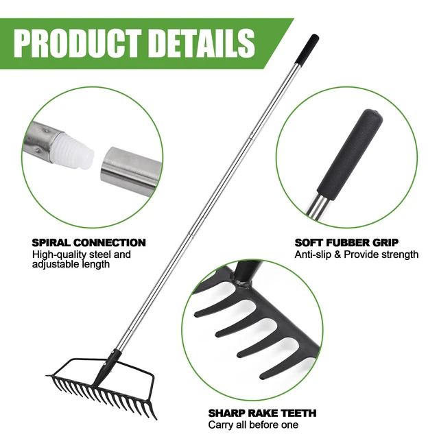 Alt view image 3 of 7 - Garden Rake, Heavy Duty 16-Tine Bow Rake, Metal | Adjustable Stainless Steel Handle, For Yard Work, Loosening Soil, Leveling Mulch, Gathering Leaves