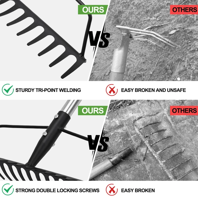 Alt view image 4 of 7 - Garden Rake, Heavy Duty 16-Tine Bow Rake, Metal | Adjustable Stainless Steel Handle, For Yard Work, Loosening Soil, Leveling Mulch, Gathering Leaves