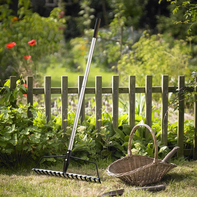 Alt view image 7 of 7 - Garden Rake, Heavy Duty 16-Tine Bow Rake, Metal | Adjustable Stainless Steel Handle, For Yard Work, Loosening Soil, Leveling Mulch, Gathering Leaves