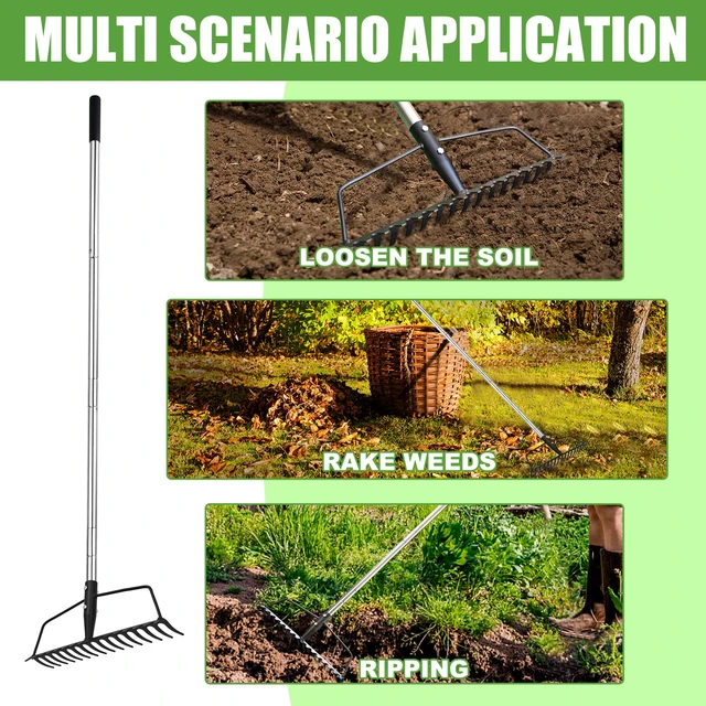 Alt view image 6 of 7 - Garden Rake, Heavy Duty 16-Tine Bow Rake, Metal | Adjustable Stainless Steel Handle, For Yard Work, Loosening Soil, Leveling Mulch, Gathering Leaves
