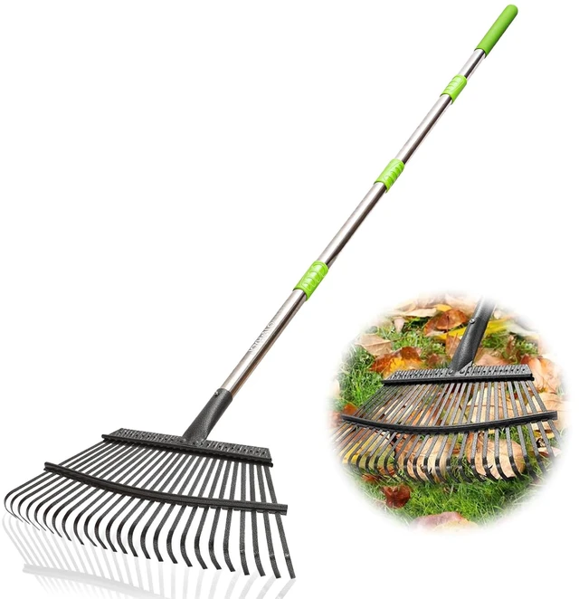 Main image of Adjustable 65 Inch Long 18 Inch Wide Garden Rake, 25 Tines Metal | Heavy duty lawn rake, Garden leaf collector, Yard debris gatherer, Metal tines rake, Weed & grass removal, Landscaping tool