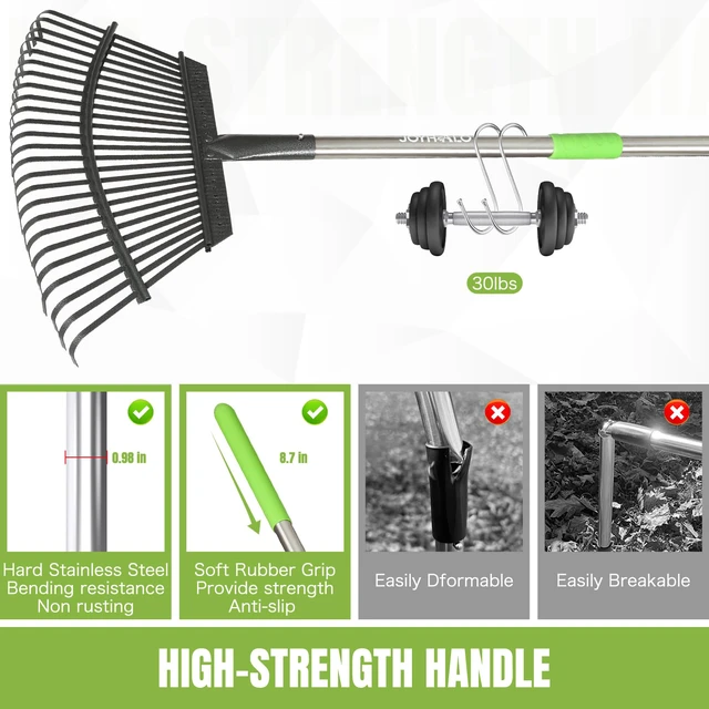 Alt view image 2 of 6 - Adjustable 65 Inch Long 18 Inch Wide Garden Rake, 25 Tines Metal | Heavy duty lawn rake, Garden leaf collector, Yard debris gatherer, Metal tines rake, Weed & grass removal, Landscaping tool