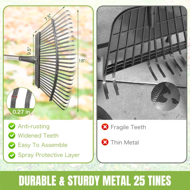 Alt view image 3 of 6 - Adjustable 65 Inch Long 18 Inch Wide Garden Rake, 25 Tines Metal | Heavy duty lawn rake, Garden leaf collector, Yard debris gatherer, Metal tines rake, Weed & grass removal, Landscaping tool