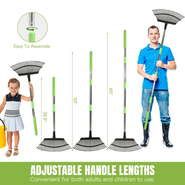 Alt view image 4 of 6 - Adjustable 65 Inch Long 18 Inch Wide Garden Rake, 25 Tines Metal | Heavy duty lawn rake, Garden leaf collector, Yard debris gatherer, Metal tines rake, Weed & grass removal, Landscaping tool