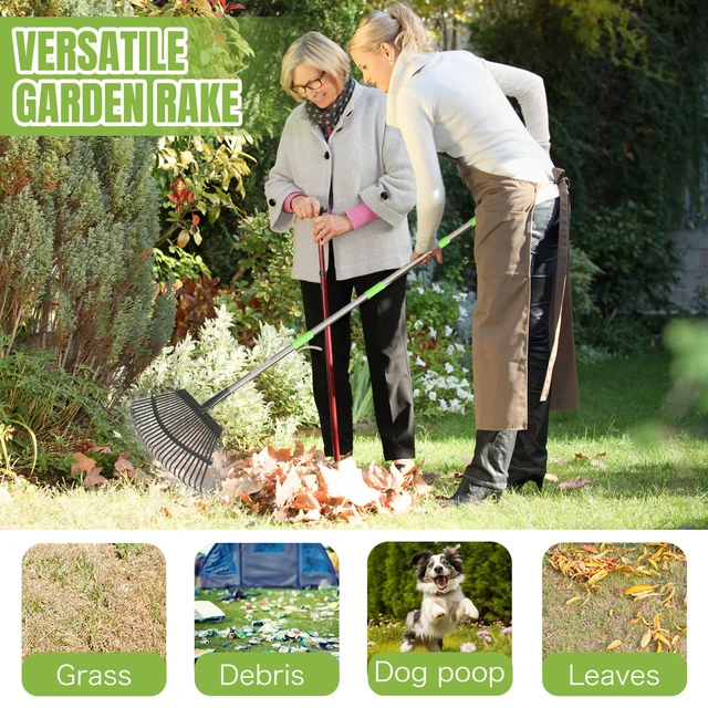 Alt view image 5 of 6 - Adjustable 65 Inch Long 18 Inch Wide Garden Rake, 25 Tines Metal | Heavy duty lawn rake, Garden leaf collector, Yard debris gatherer, Metal tines rake, Weed & grass removal, Landscaping tool