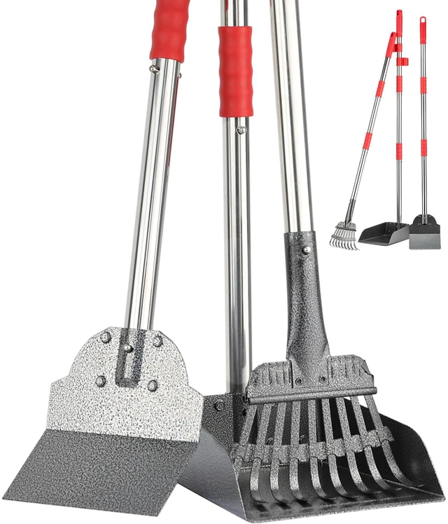 Main image of Long Handle Dog Pooper Scooper, Heavy Duty Stainless Steel Rake | Includes Tray & Spade for Pet Waste Removal. Rust-Proof Metal Scoop Set for Grass, Dirt, Gravel, Yard & Outdoor Clean Up.