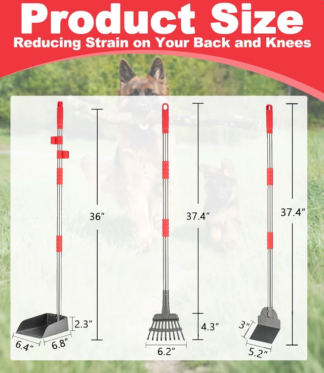 Alt view image 2 of 7 - Long Handle Dog Pooper Scooper, Heavy Duty Stainless Steel Rake | Includes Tray & Spade for Pet Waste Removal. Rust-Proof Metal Scoop Set for Grass, Dirt, Gravel, Yard & Outdoor Clean Up.
