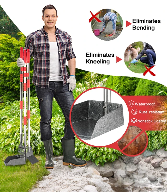 Alt view image 3 of 7 - Long Handle Dog Pooper Scooper, Heavy Duty Stainless Steel Rake | Includes Tray & Spade for Pet Waste Removal. Rust-Proof Metal Scoop Set for Grass, Dirt, Gravel, Yard & Outdoor Clean Up.