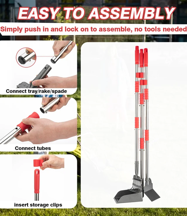 Alt view image 5 of 7 - Long Handle Dog Pooper Scooper, Heavy Duty Stainless Steel Rake | Includes Tray & Spade for Pet Waste Removal. Rust-Proof Metal Scoop Set for Grass, Dirt, Gravel, Yard & Outdoor Clean Up.