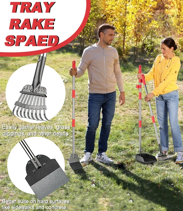 Alt view image 4 of 7 - Long Handle Dog Pooper Scooper, Heavy Duty Stainless Steel Rake | Includes Tray & Spade for Pet Waste Removal. Rust-Proof Metal Scoop Set for Grass, Dirt, Gravel, Yard & Outdoor Clean Up.
