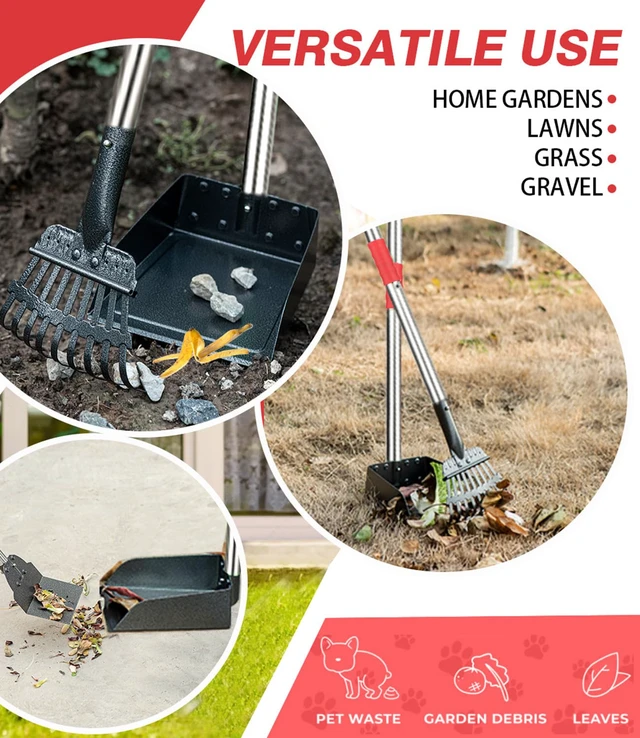 Alt view image 7 of 7 - Long Handle Dog Pooper Scooper, Heavy Duty Stainless Steel Rake | Includes Tray & Spade for Pet Waste Removal. Rust-Proof Metal Scoop Set for Grass, Dirt, Gravel, Yard & Outdoor Clean Up.