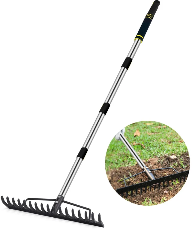 Main image of Heavy Duty Bow Rake for Lawns, 17 Tine Metal Rake Level Soil 5.58FT | Adjustable Long Handle Stainless Steel Garden Tools, Ideal for Shrub Care & Gardening Remove Dead Grass & Leaves