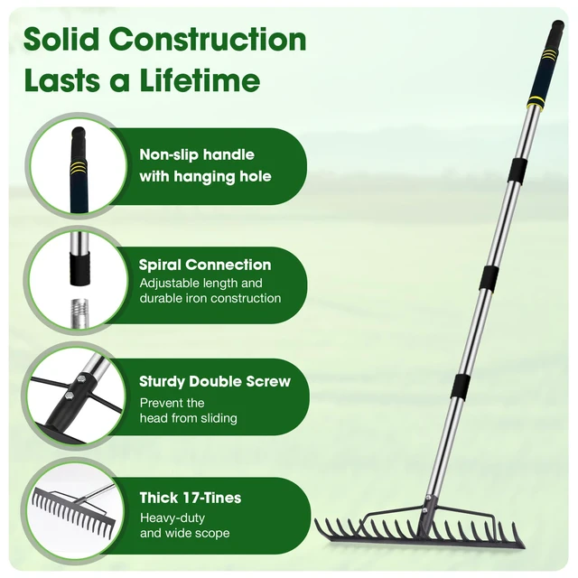 Alt view image 2 of 6 - Heavy Duty Bow Rake for Lawns, 17 Tine Metal Rake Level Soil 5.58FT | Adjustable Long Handle Stainless Steel Garden Tools, Ideal for Shrub Care & Gardening Remove Dead Grass & Leaves