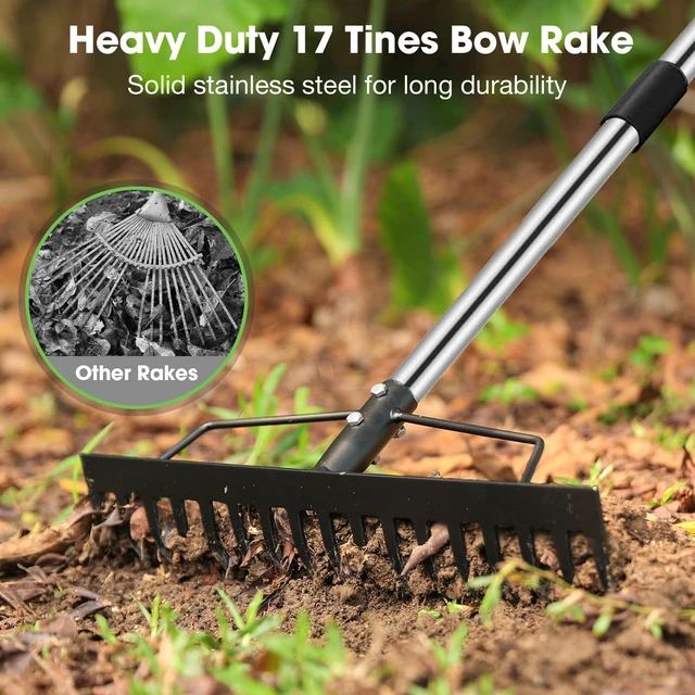 Alt view image 3 of 6 - Heavy Duty Bow Rake for Lawns, 17 Tine Metal Rake Level Soil 5.58FT | Adjustable Long Handle Stainless Steel Garden Tools, Ideal for Shrub Care & Gardening Remove Dead Grass & Leaves
