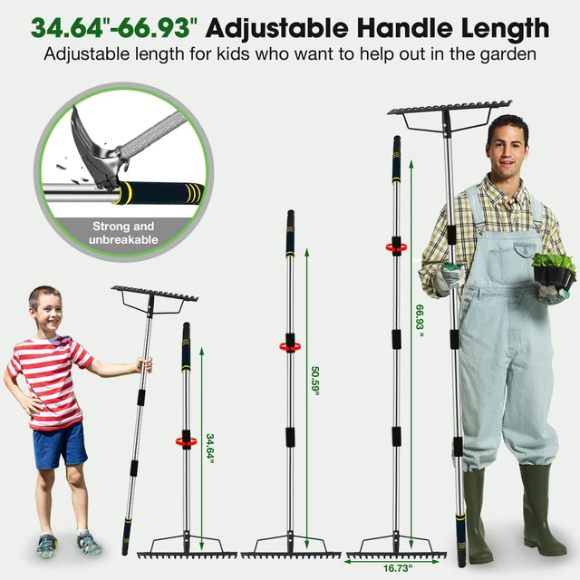 Alt view image 4 of 6 - Heavy Duty Bow Rake for Lawns, 17 Tine Metal Rake Level Soil 5.58FT | Adjustable Long Handle Stainless Steel Garden Tools, Ideal for Shrub Care & Gardening Remove Dead Grass & Leaves