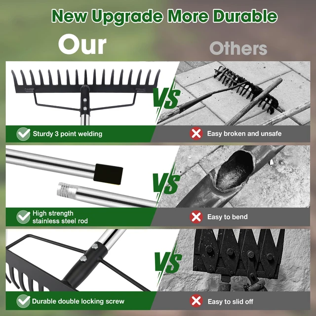 Alt view image 5 of 6 - Heavy Duty Bow Rake for Lawns, 17 Tine Metal Rake Level Soil 5.58FT | Adjustable Long Handle Stainless Steel Garden Tools, Ideal for Shrub Care & Gardening Remove Dead Grass & Leaves