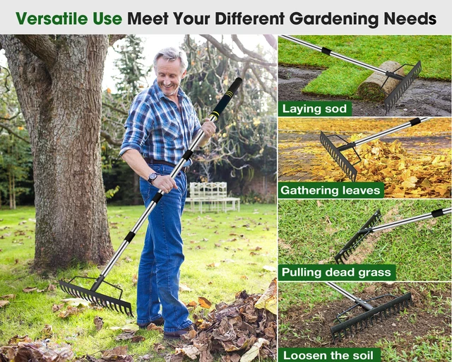 Alt view image 6 of 6 - Heavy Duty Bow Rake for Lawns, 17 Tine Metal Rake Level Soil 5.58FT | Adjustable Long Handle Stainless Steel Garden Tools, Ideal for Shrub Care & Gardening Remove Dead Grass & Leaves