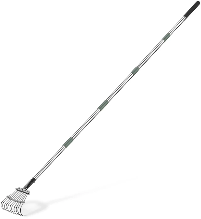 Main image of Garden Rake, Leaf rake with 38.58" - 80.51" Adjustable Steel Handle, Gardening tools for Yard Work, Olive/Black/Silver