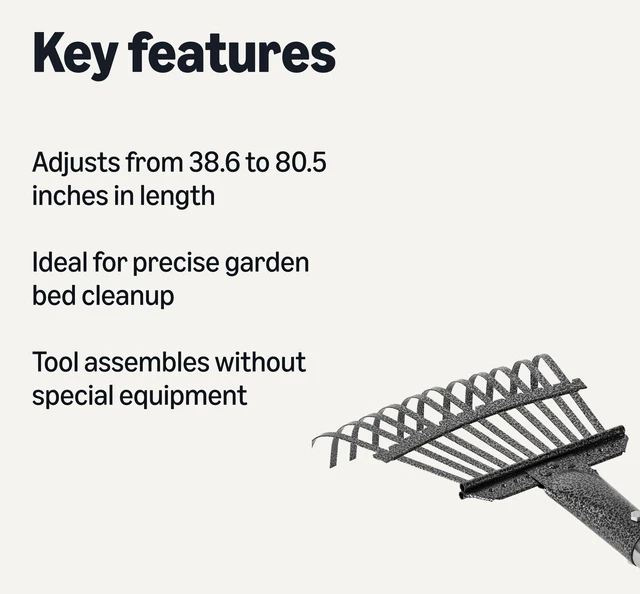 Alt view image 2 of 5 - Garden Rake, Leaf rake with 38.58" - 80.51" Adjustable Steel Handle, Gardening tools for Yard Work, Olive/Black/Silver
